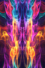 Vibrant Symmetrical Neon Waves: A Futuristic Dance of Cyan, Magenta, and Yellow Radiance in High-Intensity