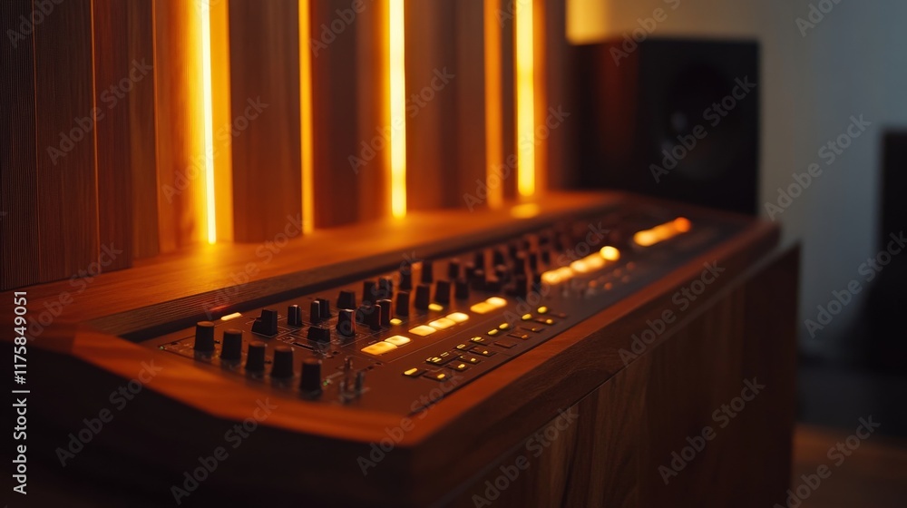 Poster contemporary audio control interface showcasing illuminated knobs and sleek wood design in a modern 