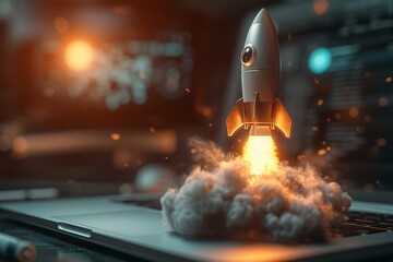 Naklejka premium Futuristic rocket launching from a laptop, surrounded by smoke and a warm glow, symbolizing innovation and technology in a dynamic environment.