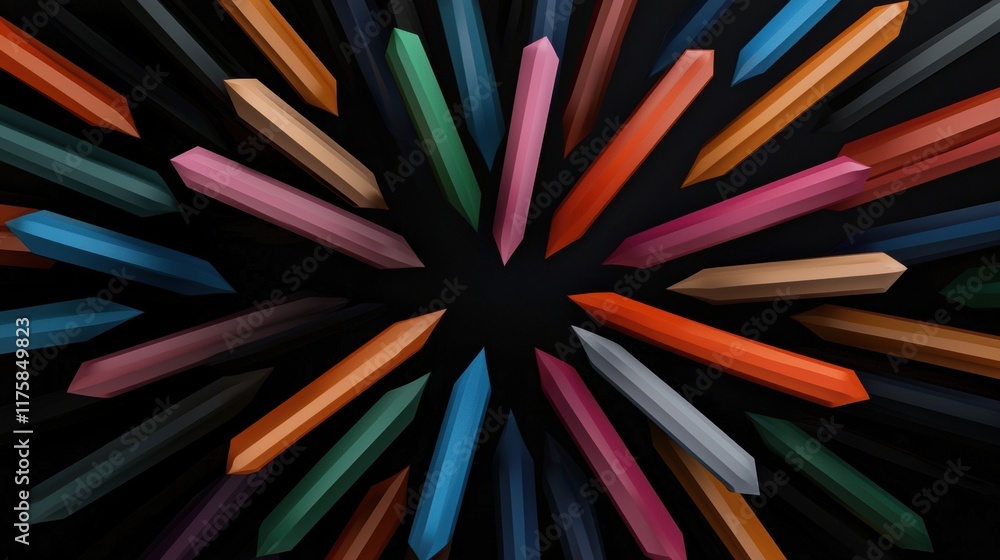 Poster circular pattern made up of multiple colorful pencils arranged in a symmetrical manner. the pencils 