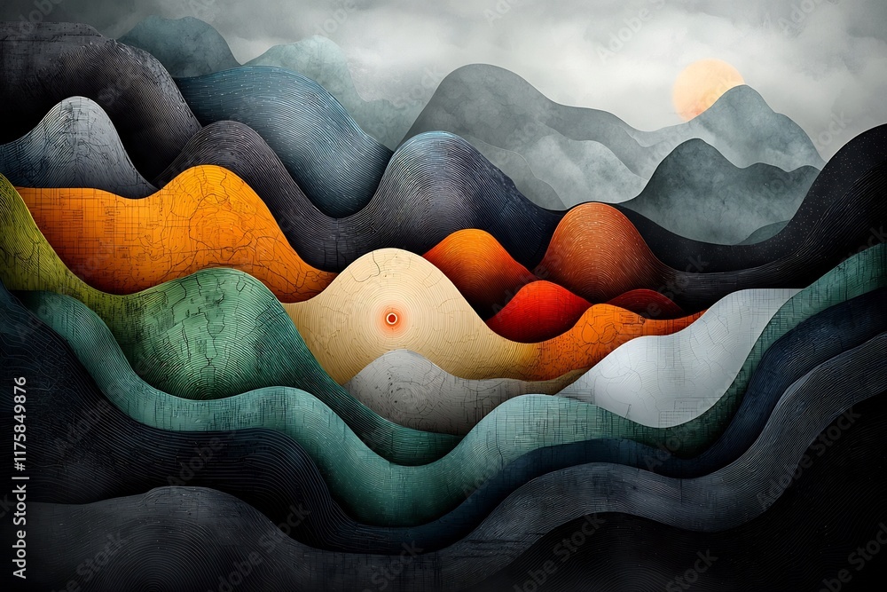 Poster mesmerizing dynamic topographic landscape with swirling data flows and atmospheric phenomena captiva