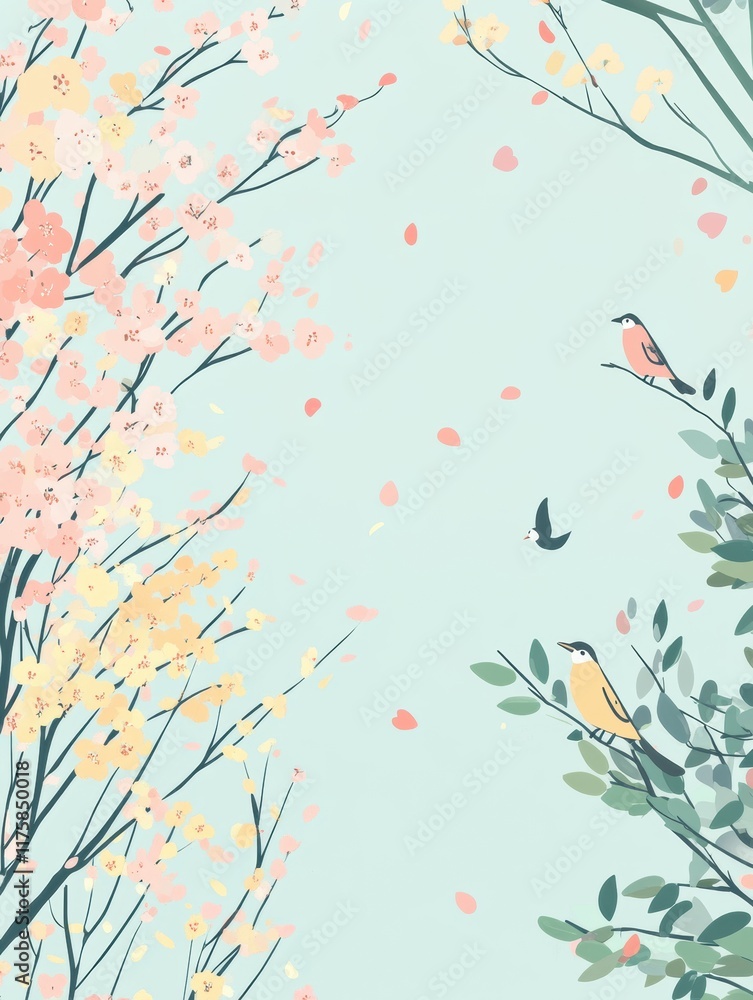 Aufkleber doodle of springtime scene with blooming trees and colorful birds in a serene natural setting. gener