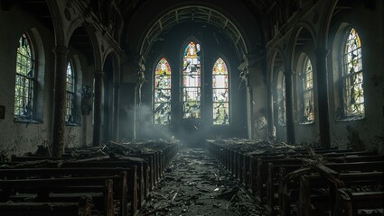 Obraz premium Eerie mist swirls through a decayed church with shattered stained glass windows