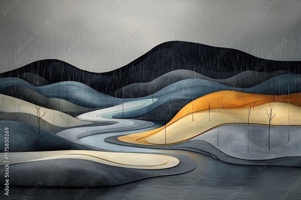 Poster mesmerizing data driven landscape depicting the intricate flow of rainfall patterns across a sprawli