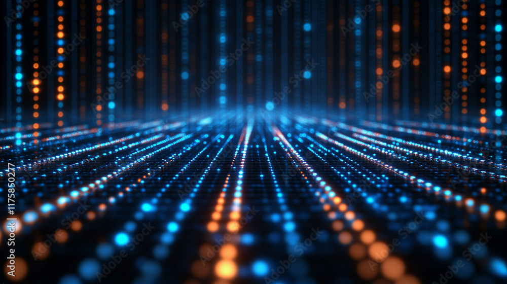 Poster abstract representation of cyberspace matrix featuring falling digital lines resembling binary code 