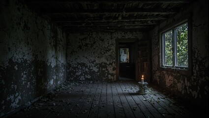 Creepy abandoned cabin in the woods with flickering candlelight and ominous shadows