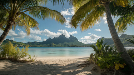A beautiful tropical beach with white sand, palm trees, and clear blue water. The sandy shore is visible in the foreground. A thatched hut stands on one side near the ocean. The sky above shines brigh