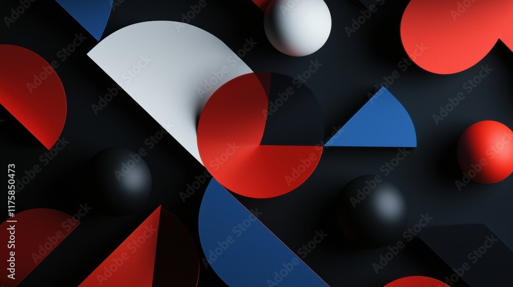 Poster abstract digital art piece with a dark background. it features a variety of geometric shapes in diff