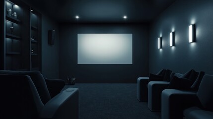 Dark home theater room with screen, seating, and lighting.