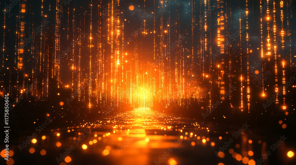 Poster abstract representation of cyberspace matrix featuring falling digital lines resembling binary code 