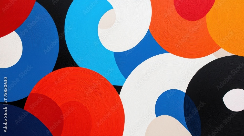 Poster abstract painting with multiple overlapping circles in different colors. the circles are of differen