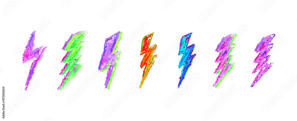 Wall mural Set of lightning by colorful wax pencil drawing. Collection of handdrawing chalk, light flash signs. Various bright colors doodle thunder bolts. Vector graffiti or school style weather symbols.