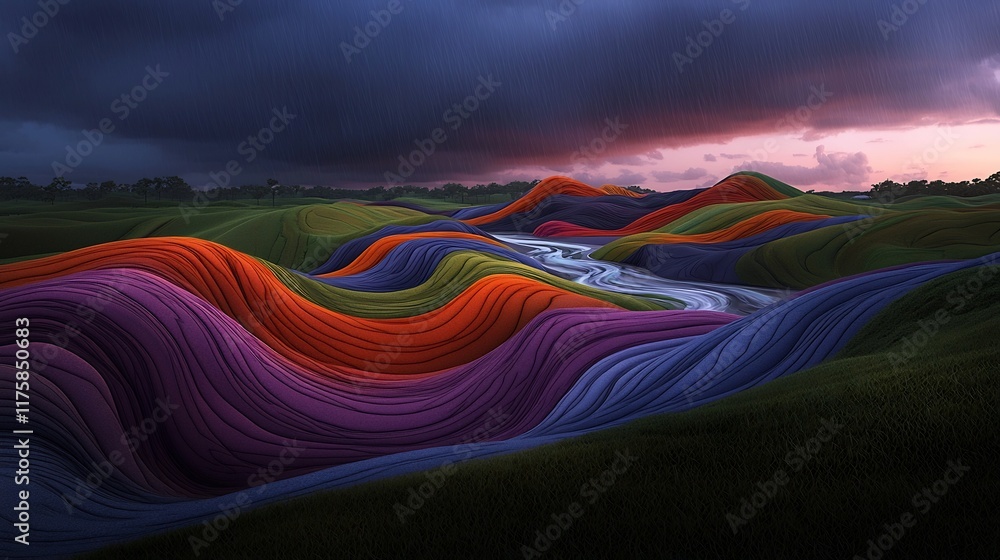 Poster hypnotic visualization of rainfall data across a rolling countryside landscape creating a vibrant to