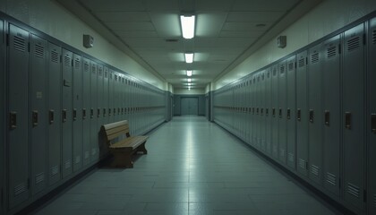 Obraz premium A perspective view of a school hallway emphasizing the rows of lockers and the long