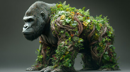 A majestic gorilla built from robust wooden roots and vines, with small patches of moss and sprouting leaves on its broad shoulders, isolated on a solid dark grey background. 