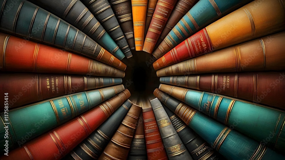 Poster imposing university library with students immersed in deep study of human knowledge
