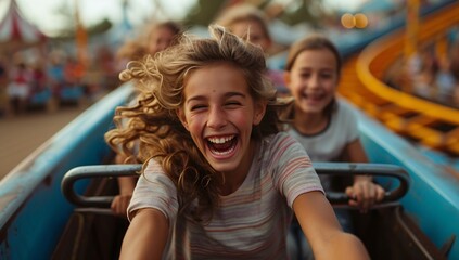 Happy young girls enjoying a roller coaster ride at an amusement park, with expressions of joy and excitement as they embrace the thrill of the experience.