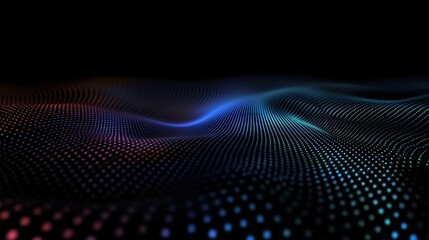 Obraz premium Abstract digital art piece with a black background. the focal point of the image is a wave-like pattern made up of small dots in different colors - blue, pink, and red.