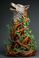 Fototapeta premium A powerful wolf crafted from twisted wooden roots and slender vines, with small green leaves growing along its form, isolated on a solid dark grey background.