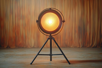 A professional studio spotlight with barn doors open, emitting a warm light, displayed on a plain white background. 