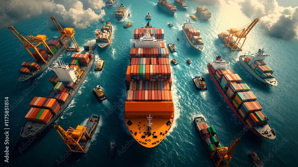 Poster aerial view of a busy offshore logistics hub with cargo ships and container vessels moving in and ou