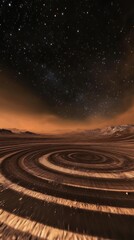 Fototapeta premium Mesmerizing Circular Patterns on Alien Landscape Under Starry Sky with Dusty Atmosphere and Distant Mountains, Evoking a Sense of Otherworldly Adventure and Mystery