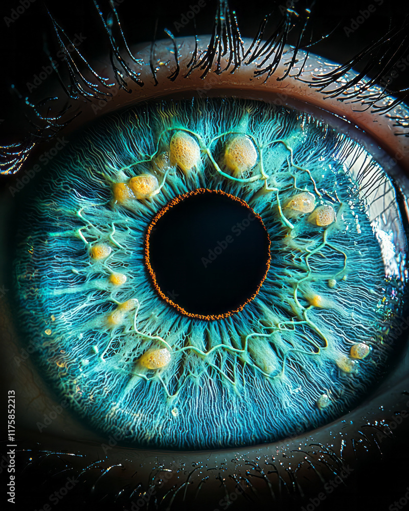 Poster abstract representation of an eye with glowing blue and green patterns, focusing on textured radial 