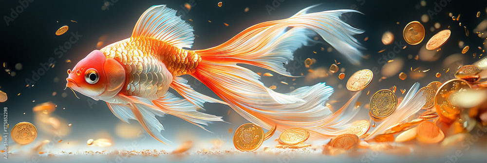 Poster an artistic representation of a luxurious goldfish with elegant fins, surrounded by dynamic golden c