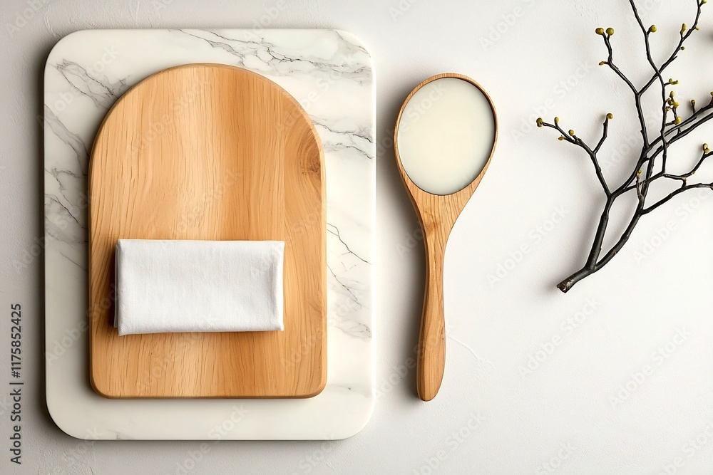 Poster elegant marble table surface paired with a simple wooden board and neatly folded linen napkin captur