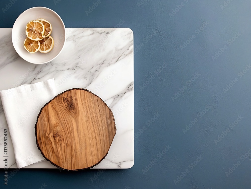 Poster minimalist and scandinavian inspired overhead view of a marble dining table featuring a rustic woode