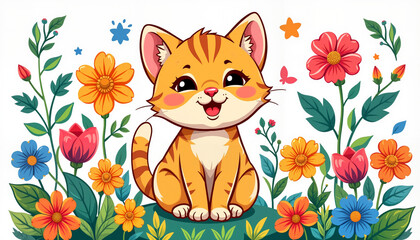 Fototapeta premium Happy cat sitting among colorful flowers