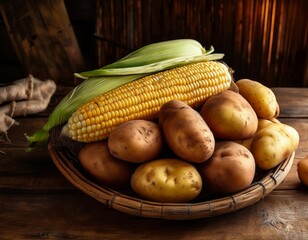 fresh ecuadorian corn and potatoes are carefully arranged on a wooden table in a rustic kitchen