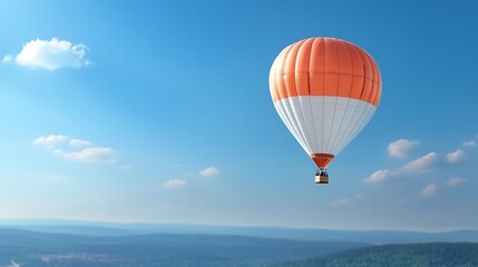 Naklejka premium Hot Air Balloon Soaring Gracefully Across a Sunny Summer Sky: Wide Shot Photo. AI Generated