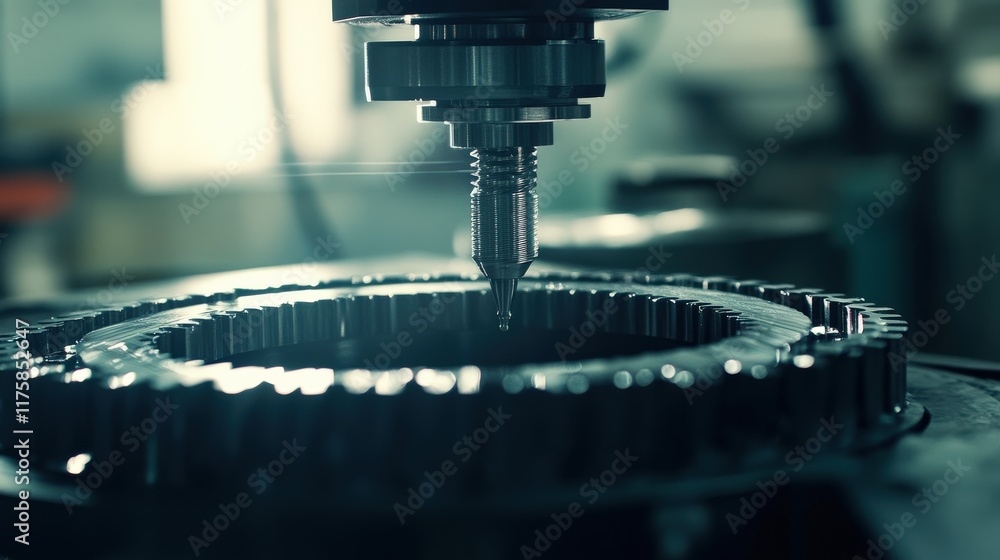 Poster precision machinery in an industrial setting showcasing a close-up of a cutting tool working on a me