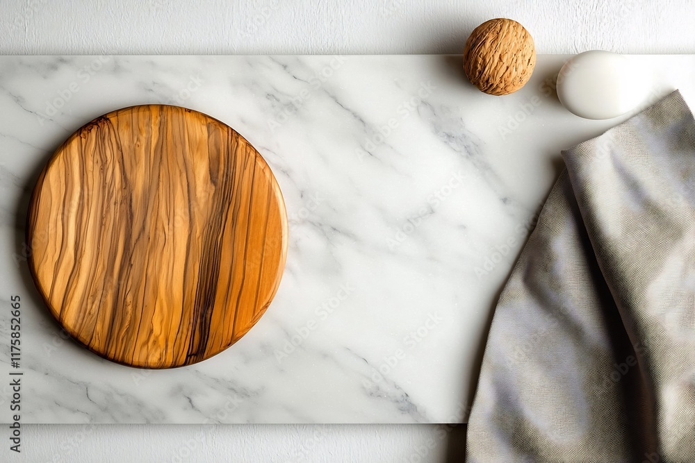 Poster elegant marble tabletop displaying a natural wood board and soft fabric napkin captured from an over