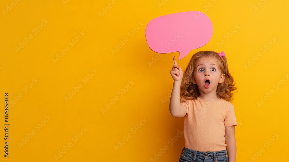Poster surprised little girl pointing with her index finger at a pink speech bubble on a vibrant yellow bac
