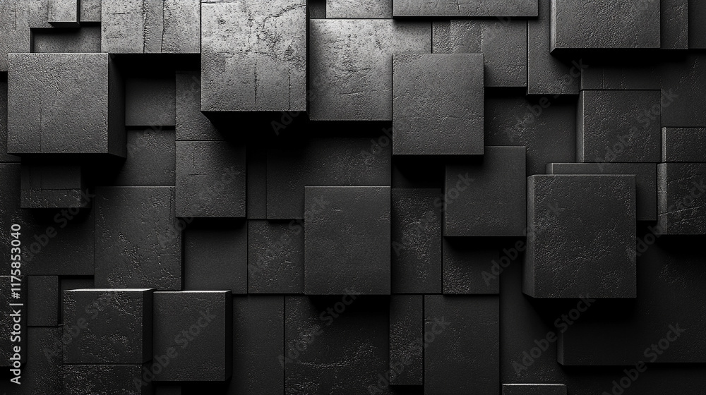 Poster Dark concrete wall with integrated white light strips, featuring geometric tech design with illuminated, futuristic 3D blocks creating a minimalistic and modern look

