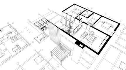 house architectural project sketch 3d illustration	