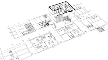 house architectural project sketch 3d illustration	
