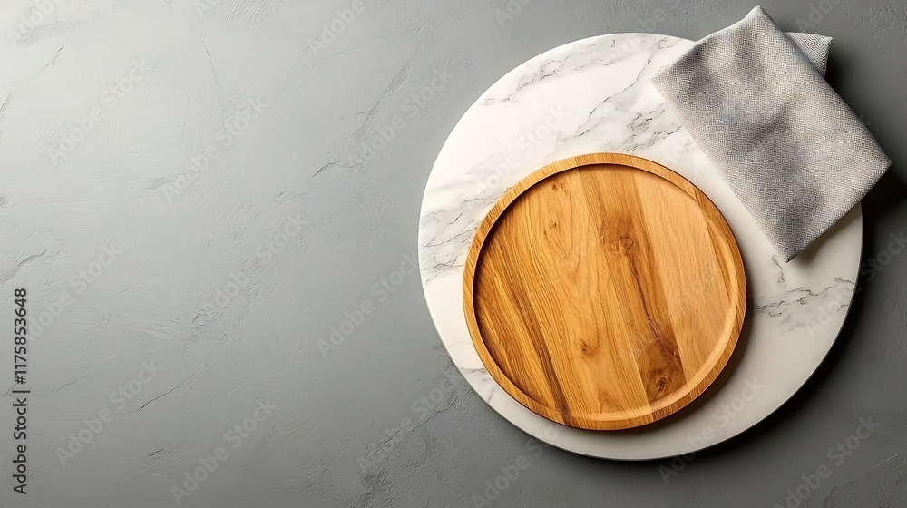 Poster overhead view of an elegant wooden board and soft fabric napkin arrangement on a minimalist marble s