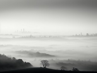 Fototapeta premium Beautiful image of the trees on the hill near the farms photographed in misty weather.