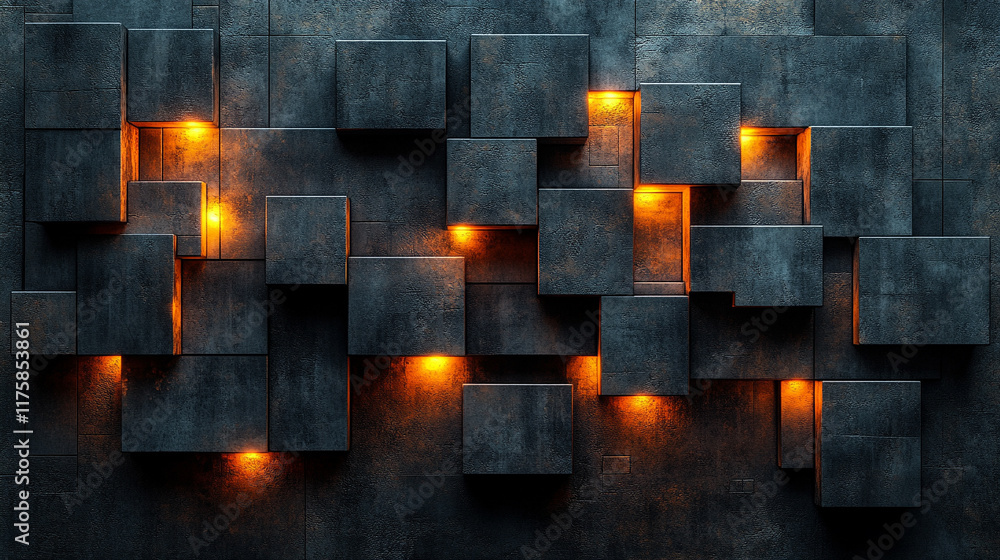 Poster dark concrete wall with integrated white light strips, featuring geometric tech design with illumina