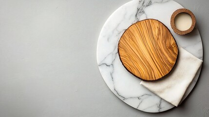 Overhead view of a marble tabletop showcasing a natural wood board and soft linen napkin captured in a clean symmetrical composition with a minimalist and sophisticated aesthetic