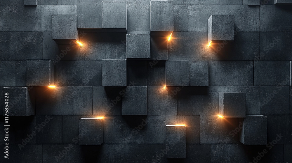 Poster dark concrete wall with integrated white light strips, featuring geometric tech design with illumina