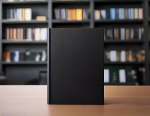 black book with blank cover standing on table in bookstore blurred shelves on backdrop