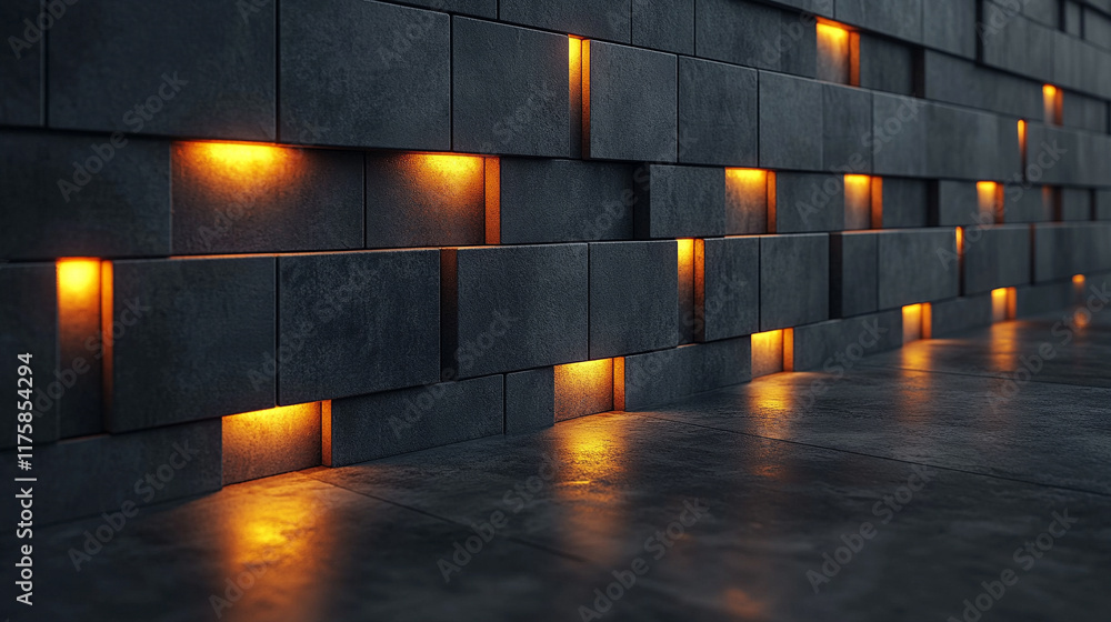 Aufkleber dark concrete wall with integrated white light strips, featuring geometric tech design with illumina