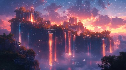 Fototapeta premium Sunset over a magical, floating island city with waterfalls.