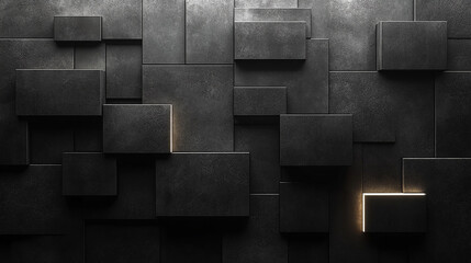 Dark concrete wall with integrated white light strips, featuring geometric tech design with illuminated, futuristic 3D blocks creating a minimalistic and modern look

