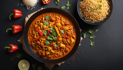 Top View of noodles with Bell Pepper Curry - Indian Traditional Recipe Banner