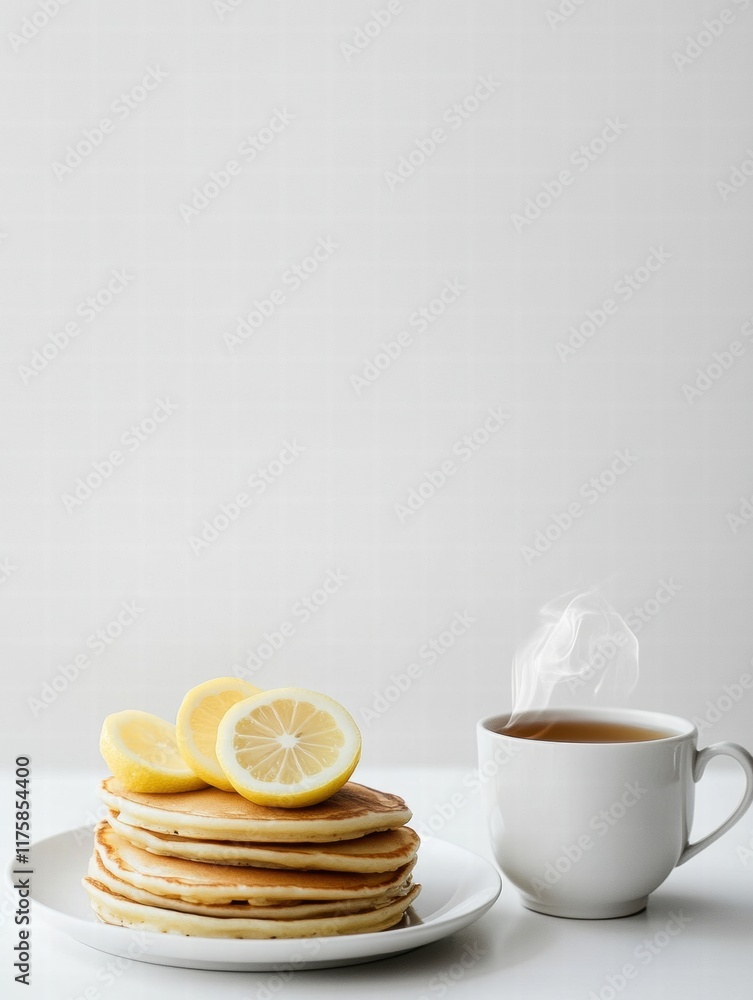 Poster delicious stack of lemon pancakes served with a cup of steaming tea against a simple background. gen